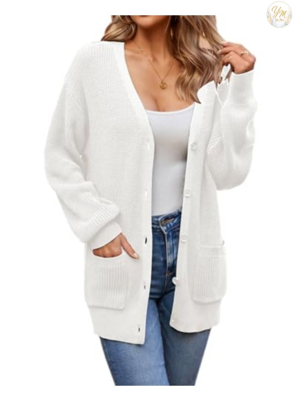 100% Cotton Cardigan Sweater with Pockets Oversized Button Front Knit - Picture 4 of 6